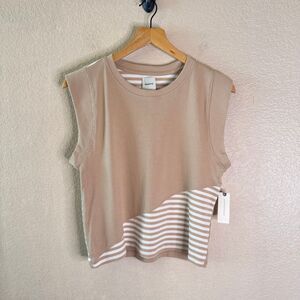 Anthropologie Maeve Ribbed Muscle Tank Top Tan White Stripes NEW NWT Large